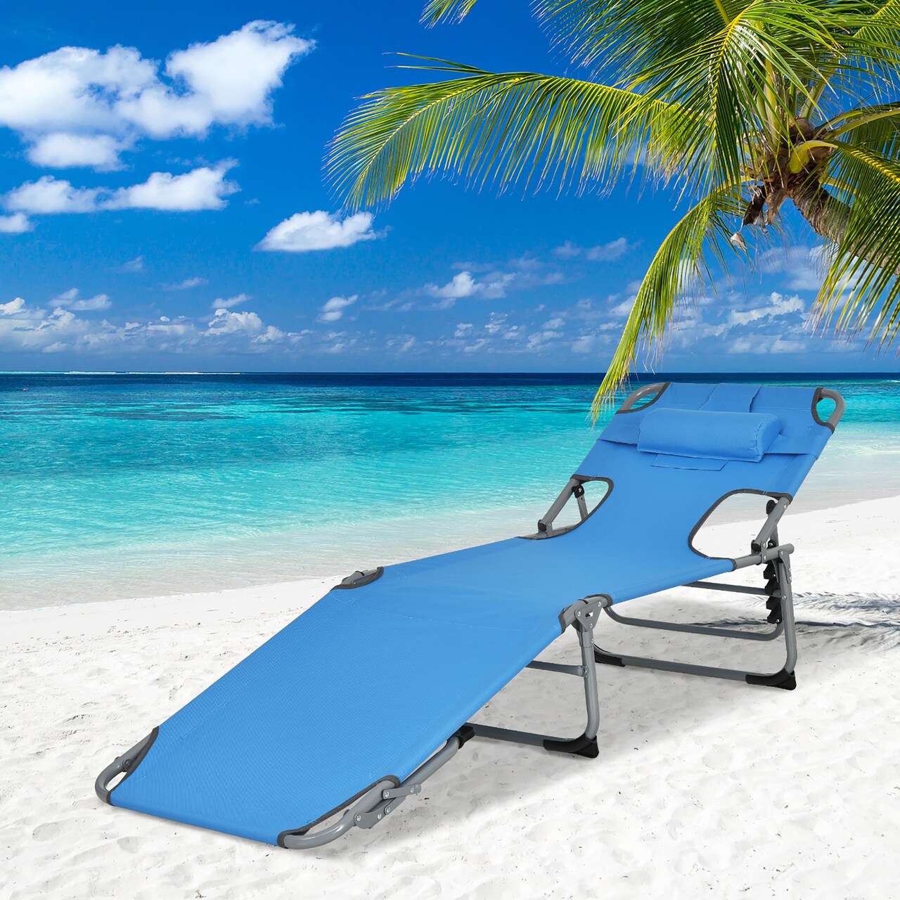 Goplus Outdoor Beach Lounge Chair Folding Chaise Lounge with Pillow Blue\Blue&Green\Black\Grey\Turquoise\Pink\Beige\Light Pink